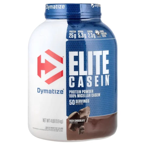 Elite Casein 4 Lbs Dymatize, bote frontal de caseína micelar sabor Rich Chocolate