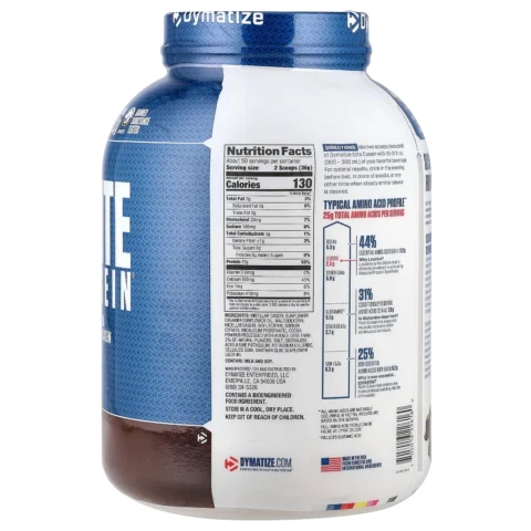 Información nutrimental con 25 gramos de proteína, BCAAs y leucina por porción