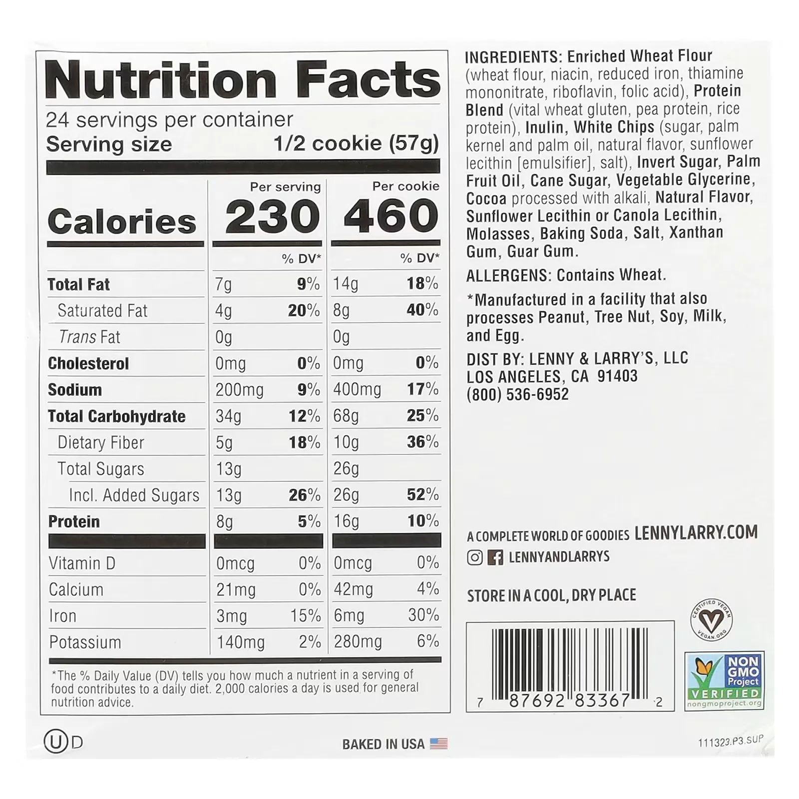 Lenny Larrys Complete Cookie frente etiqueta 16g proteína vegetal 10g fibra Non-GMO