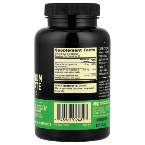 zma-optimum-nutrition 90-capsulas frente-etiqueta zinc-magnesio-b6 recuperacion-nocturna made-usa otc-approved