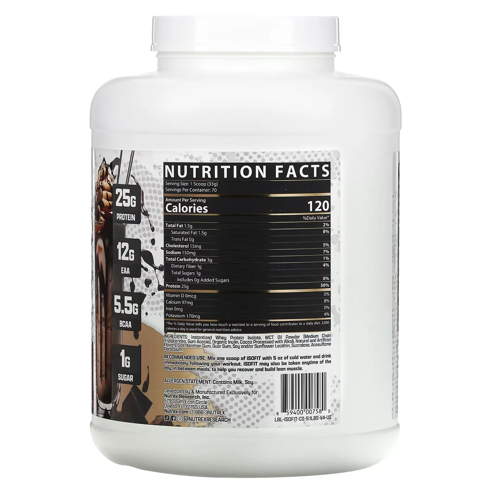 Tabla nutricional e ingredientes de Isofit Nutrex, que muestra 25g de proteína aislada y aminoácidos por porción.