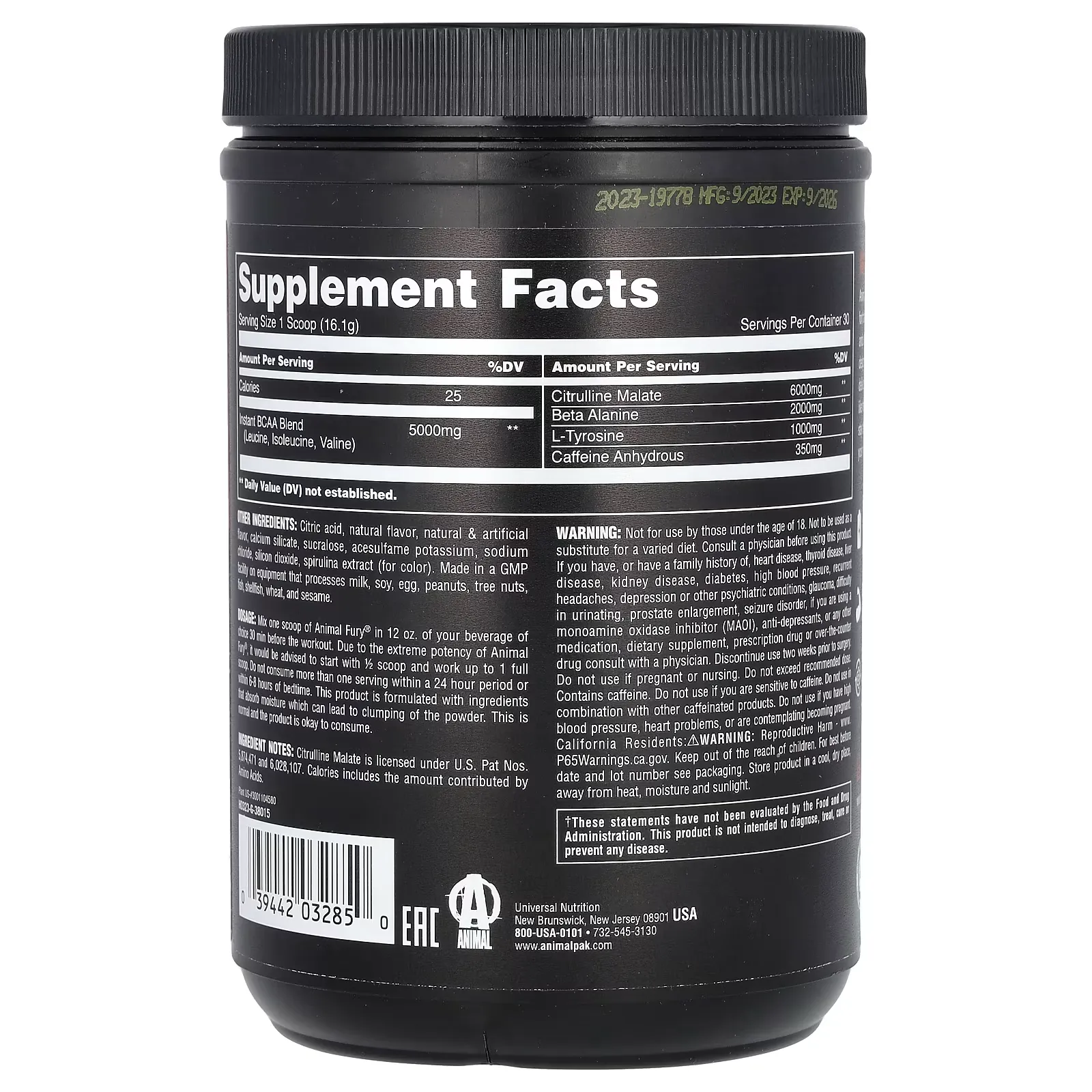 Bote de Animal Fury Universal Nutrition pre-entreno en polvo alta potencia