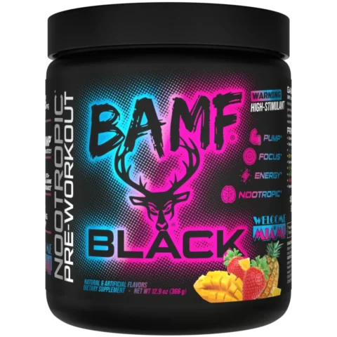Bote de BAMF BLACK Bucked Up pre-workout enfoque nootrópico y minerales fúlvicos