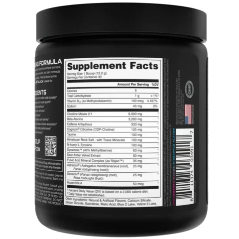 Bote de BAMF BLACK Bucked Up pre-workout enfoque nootrópico y minerales fúlvicos