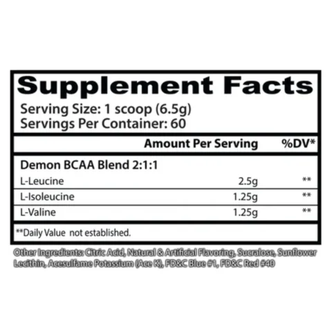 Bote de Demon BCAA Insane Labz aminoácidos 2:1:1 recuperación muscular