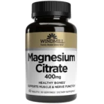 cccFrasco de Citrato de Magnesio de Windmill en cápsulas, suplemento alimenticio de alta solubilidad para la salud muscular y digestiva.