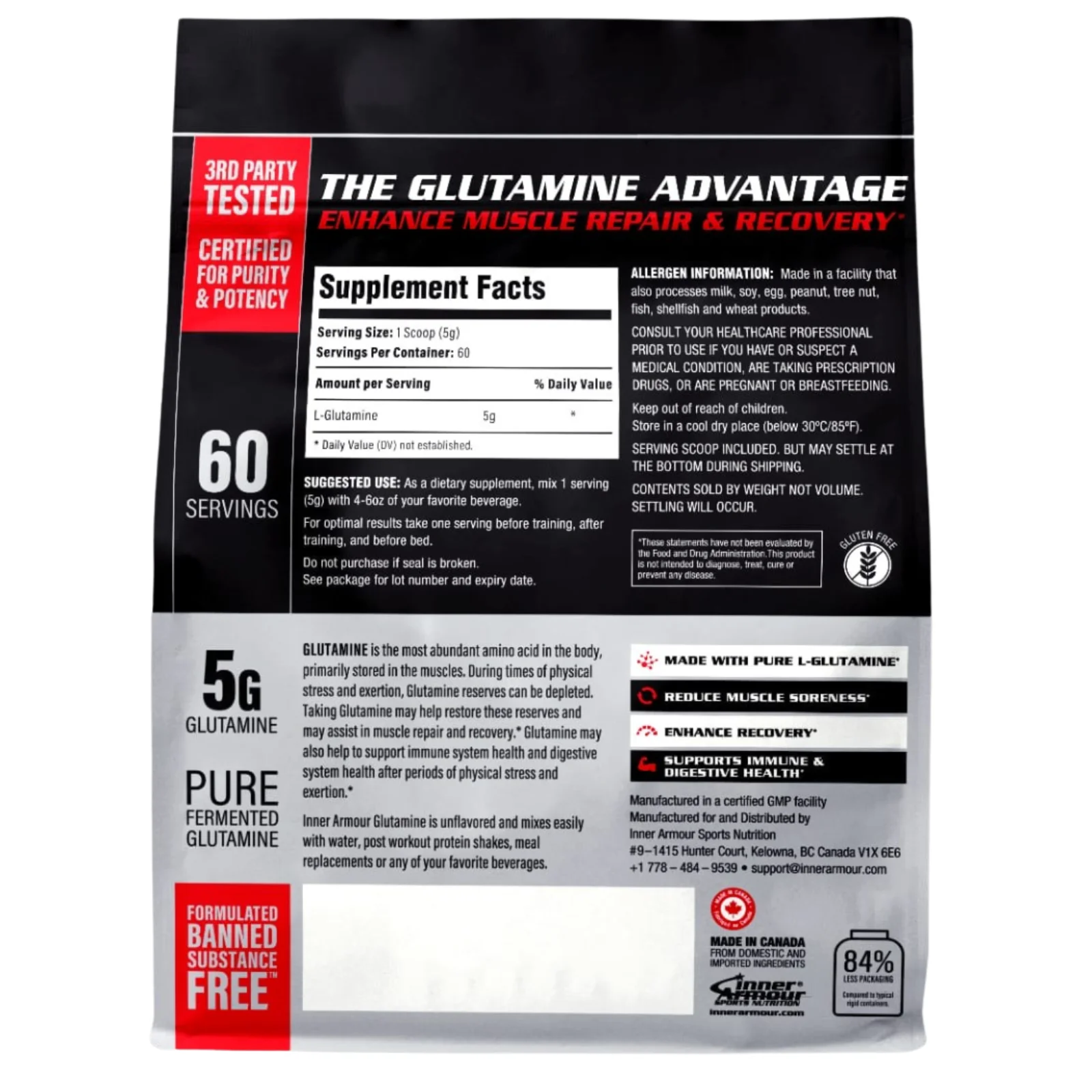 Inner Armour Glutamine 300g tabla nutricional 60 porciones ingredientes puros