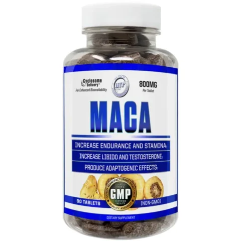 Frasco de Maca de Hi-Tech Pharmaceuticals en tabletas de 800 mg, suplemento adaptógeno de alta absorción para energía y vigor.