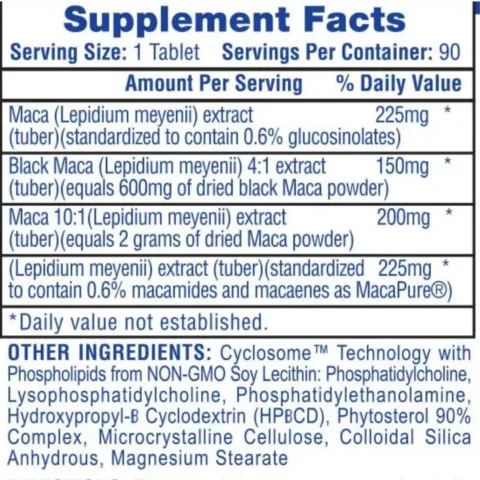 Frasco de Maca de Hi-Tech Pharmaceuticals en tabletas de 800 mg, suplemento adaptógeno de alta absorción para energía y vigor.