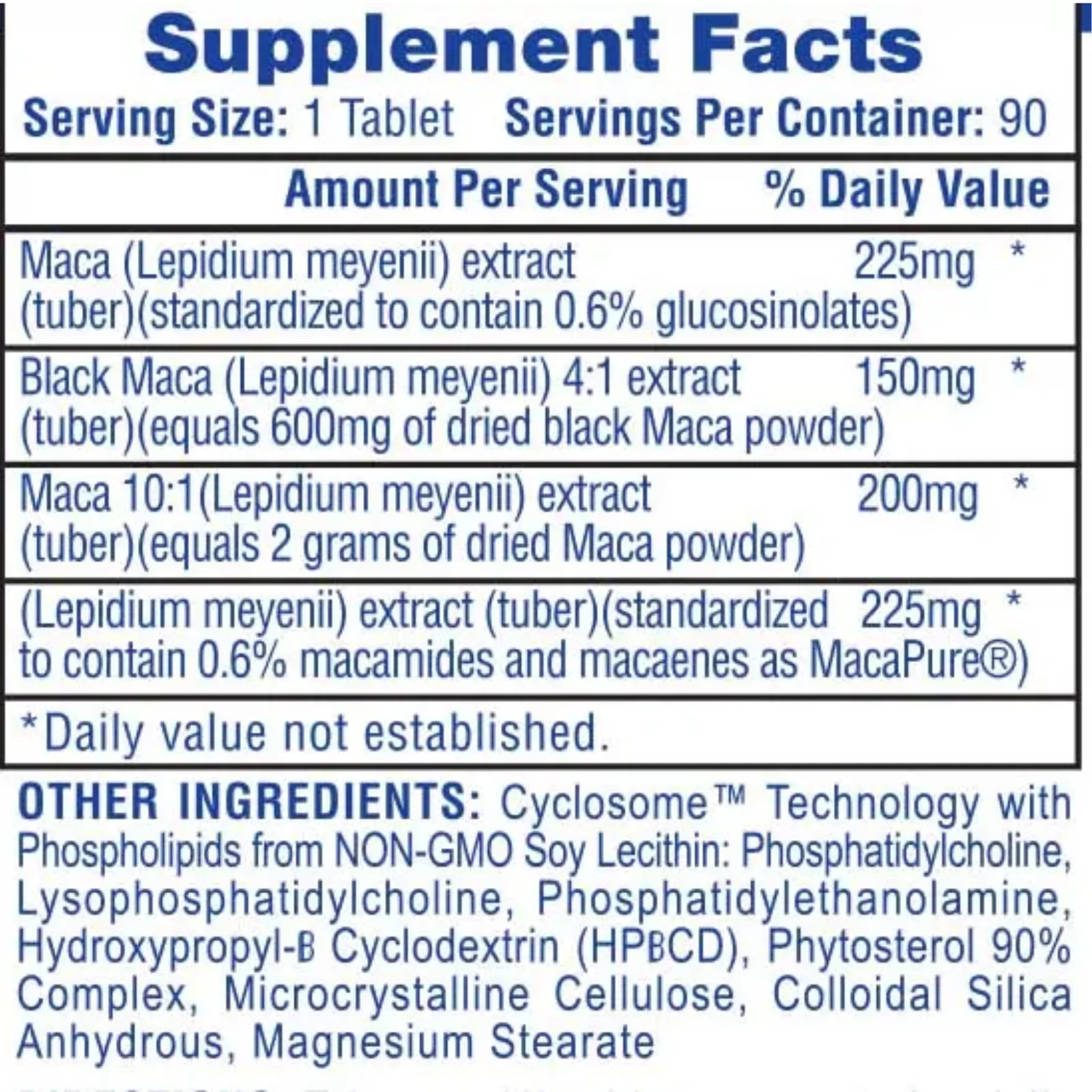Frasco de Maca de Hi-Tech Pharmaceuticals en tabletas de 800 mg, suplemento adaptógeno de alta absorción para energía y vigor.