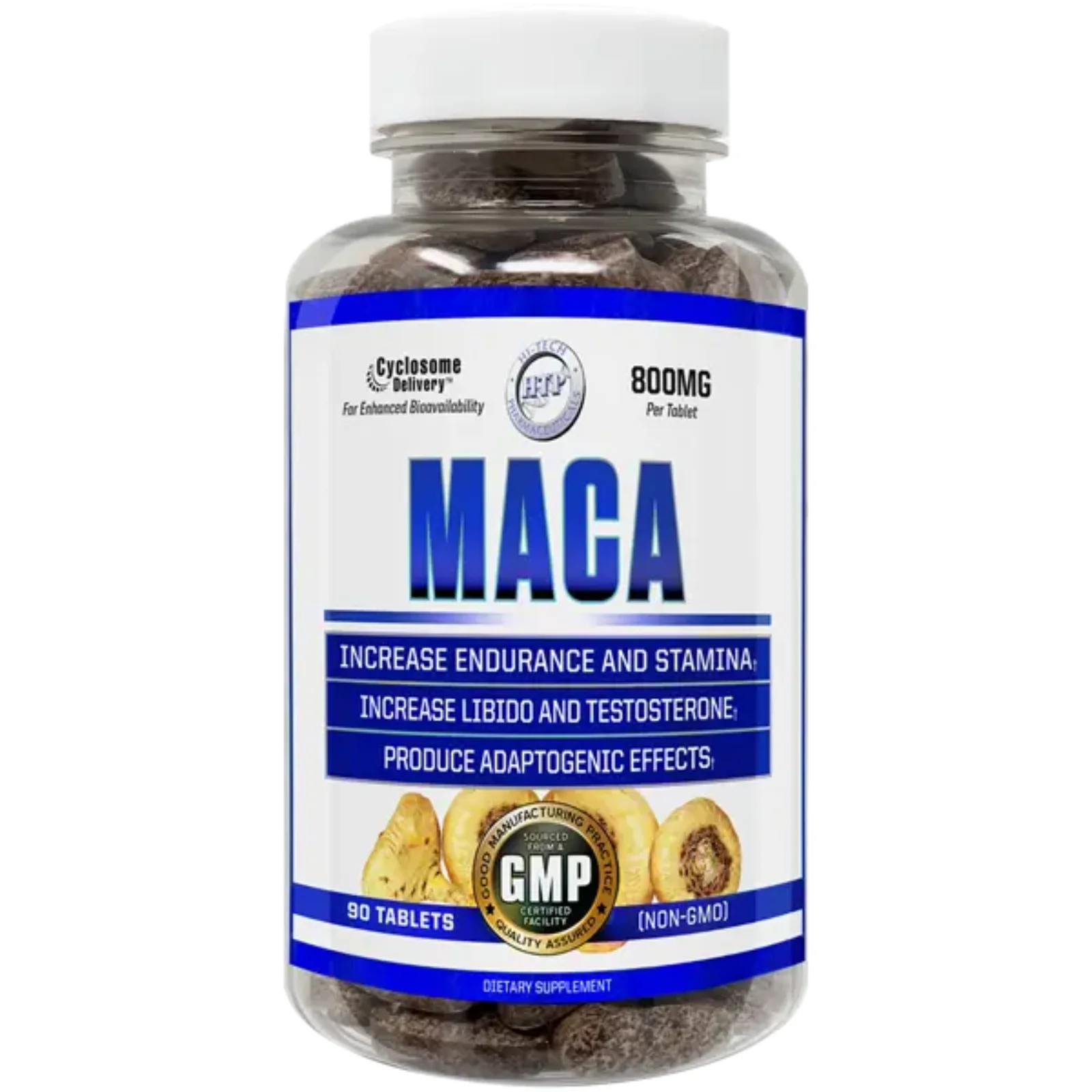 Frasco de Maca de Hi-Tech Pharmaceuticals en tabletas de 800 mg, suplemento adaptógeno de alta absorción para energía y vigor.