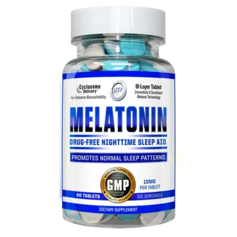 Frasco de Melatonina de Hi-Tech Pharmaceuticals en tabletas liposomales, suplemento alimenticio para el descanso reparador y el insomnio.