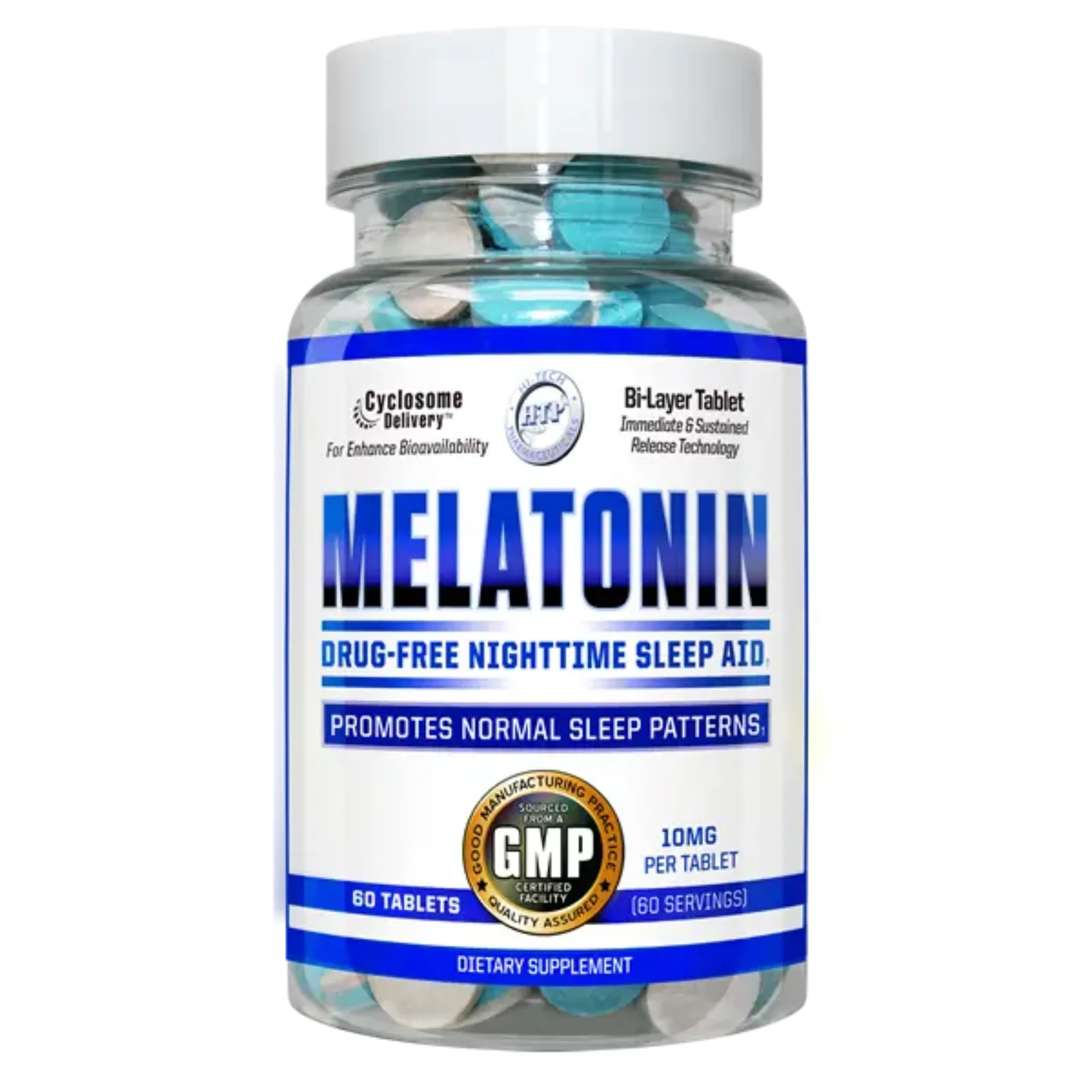 Frasco de Melatonina de Hi-Tech Pharmaceuticals en tabletas liposomales, suplemento alimenticio para el descanso reparador y el insomnio.