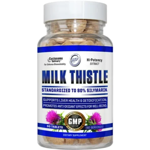 Frasco de Milk Thistle de Hi-Tech Pharmaceuticals en tabletas liposomales, suplemento de cardo mariano para la protección y desintoxicación del hígado.
