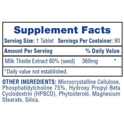 Frasco de Milk Thistle de Hi-Tech Pharmaceuticals en tabletas liposomales, suplemento de cardo mariano para la protección y desintoxicación del hígado.