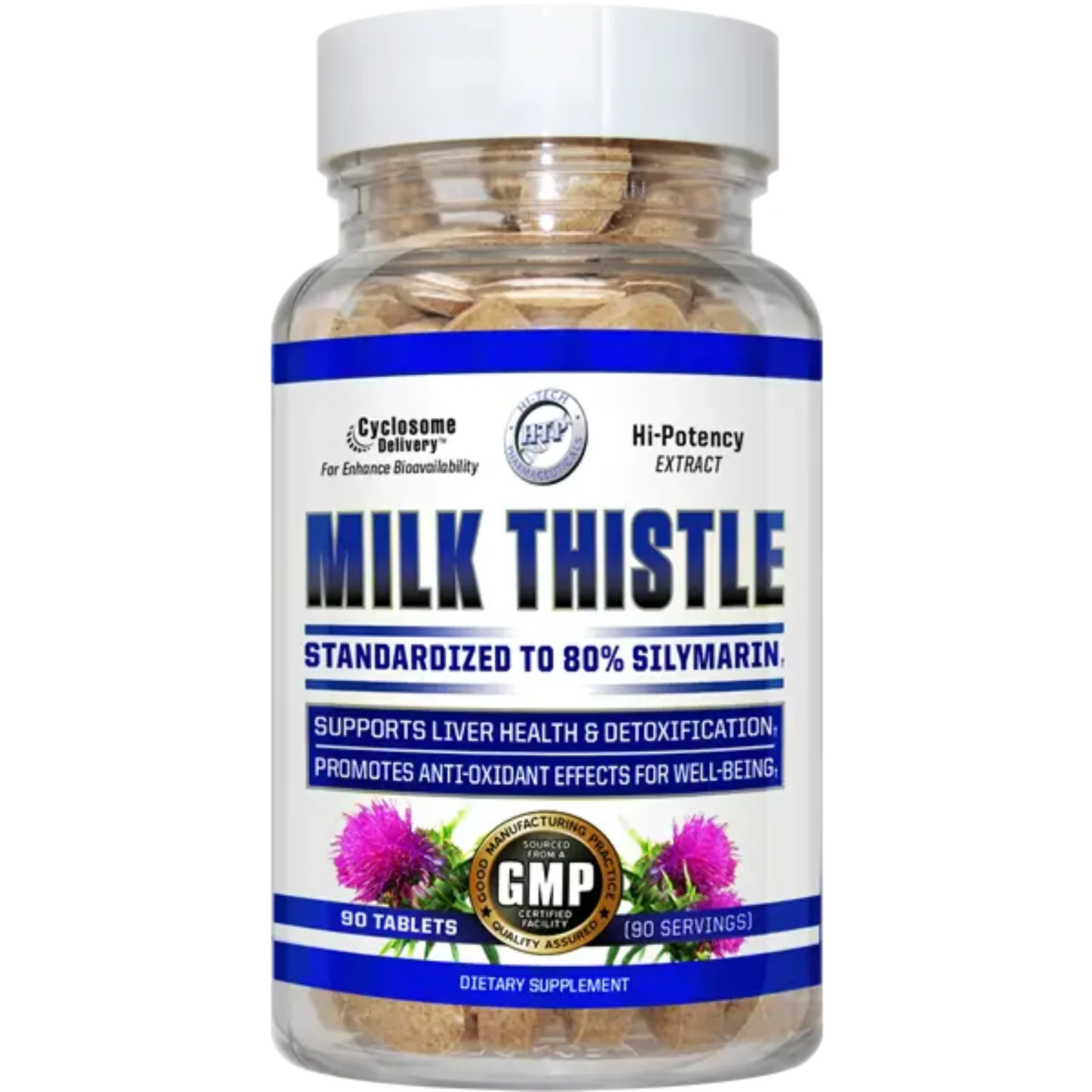 Frasco de Milk Thistle de Hi-Tech Pharmaceuticals en tabletas liposomales, suplemento de cardo mariano para la protección y desintoxicación del hígado.