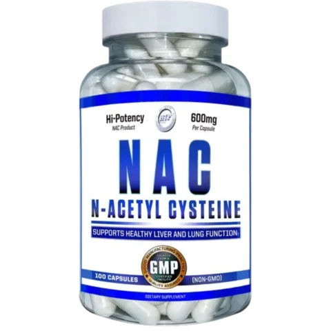 Frasco de NAC N-Acetyl Cysteine de Hi-Tech Pharmaceuticals en tabletas liposomales, suplemento antioxidante celular y protector hepático.
