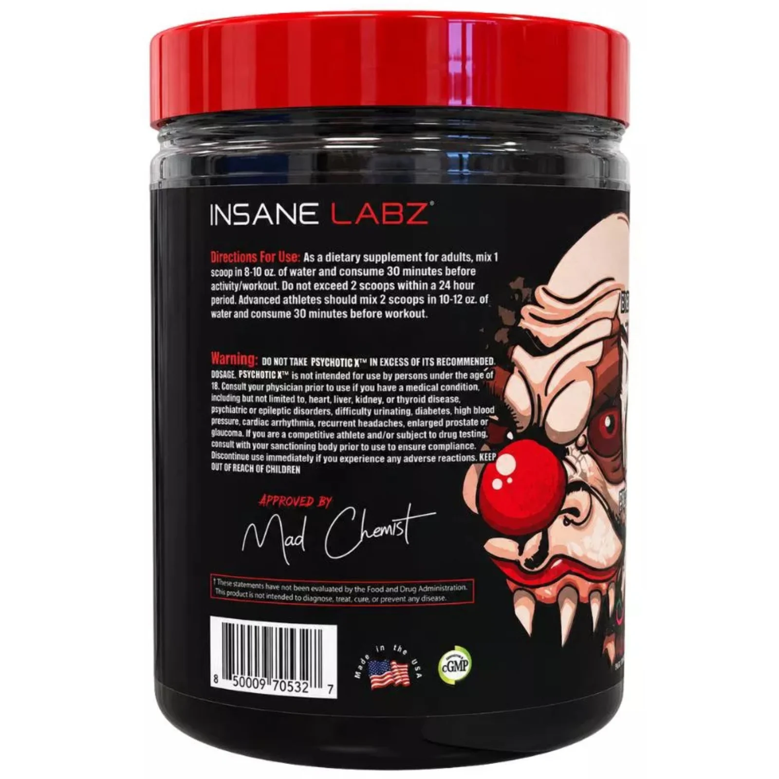 psychotic-x-insane-labz 40-20-porciones frente-envase watermelon dosis-escalable-1-2-scoops made-usa-mad-chemist