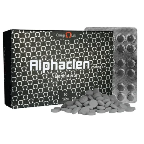 Frasco frontal de Alphaclen Clenbuterol Omega Lab.