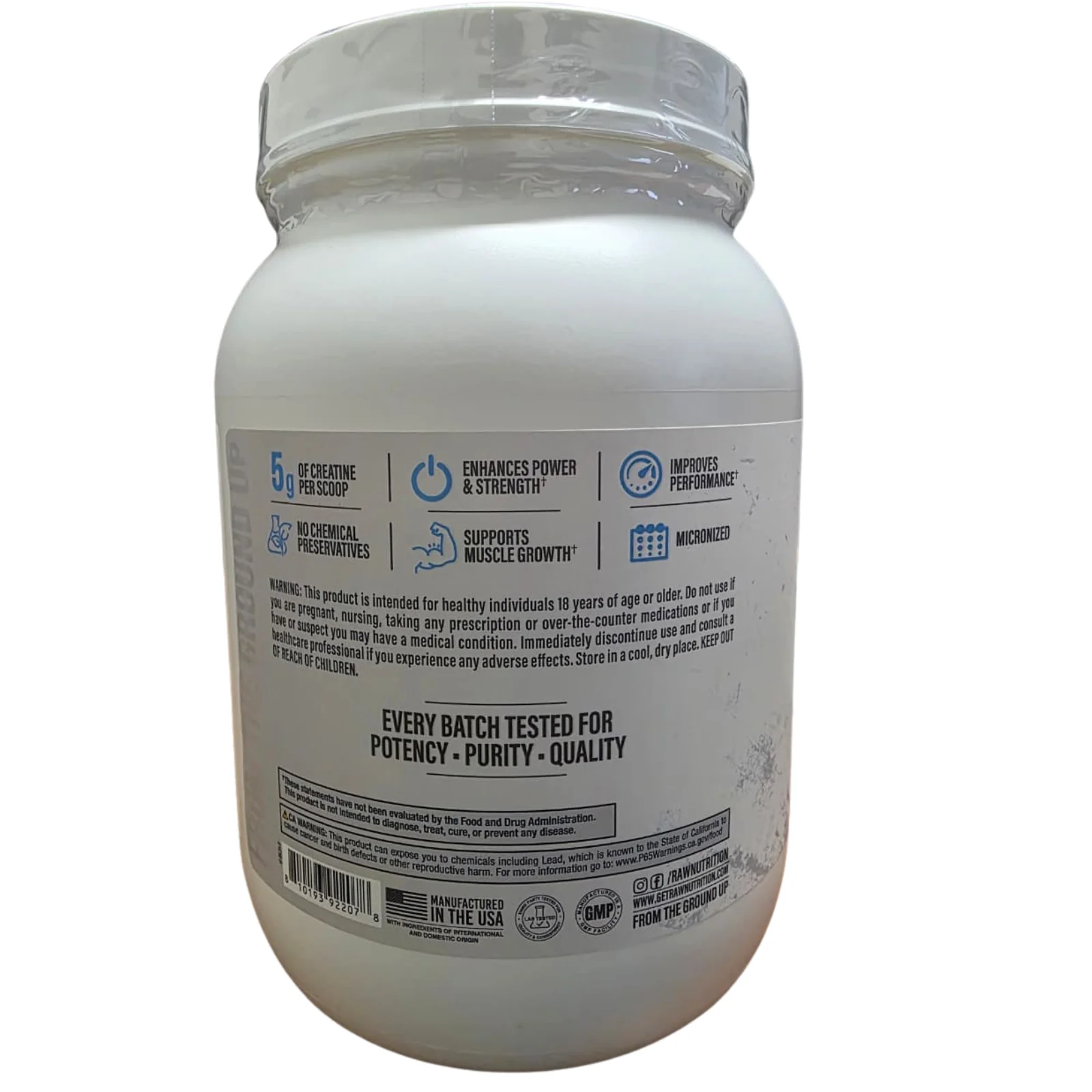 creatina-monohidratada-raw-nutrition 250-porciones frente-envase sin-sabor informed-choice-certified-made-usa