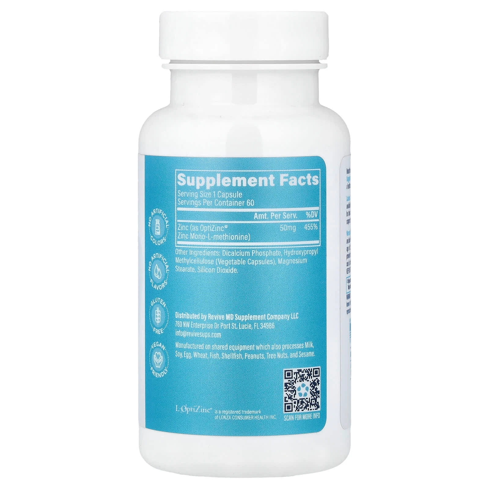 optizinc-zinc 60-caps revive-md supplement-facts 50mg-zinc-elemental sin-rellenos-sin-proprietary-blends