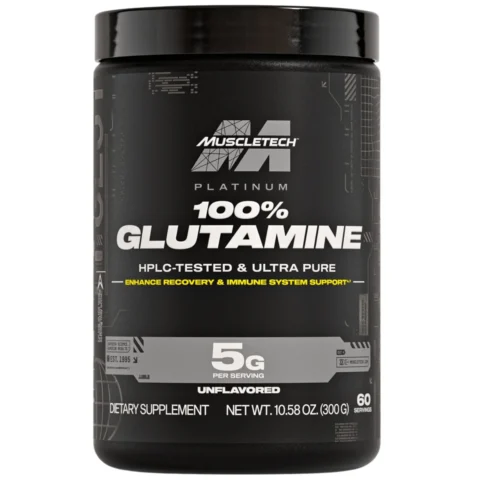 Glutamina 300 Grs Muscletech, frasco frontal con 60 porciones sin sabor