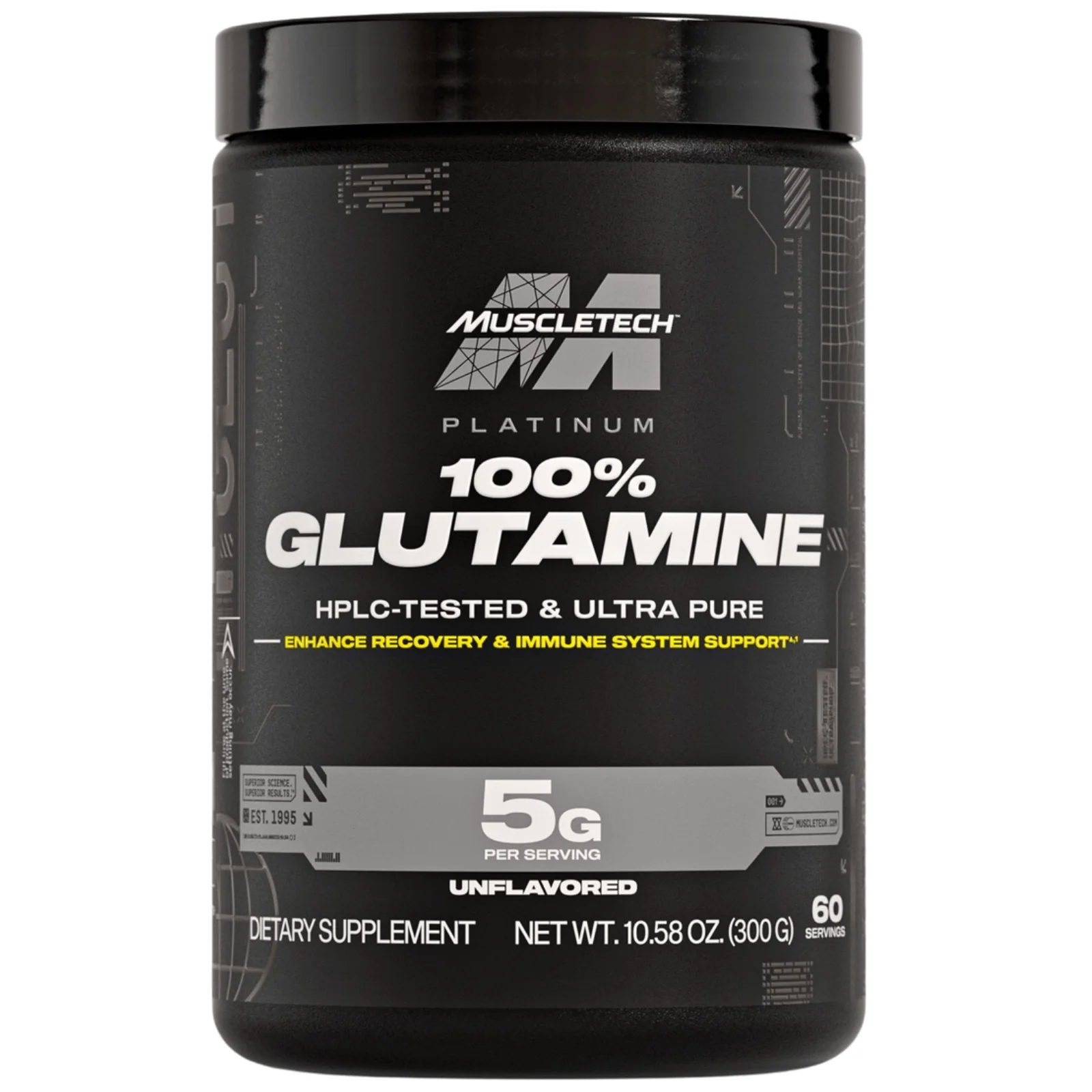 Glutamina 300 Grs Muscletech, frasco frontal con 60 porciones sin sabor