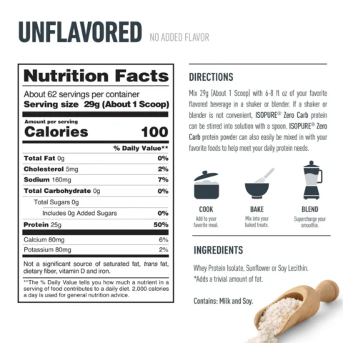 isopure-zero-carb 4-5-lbs sin-sabor nutrition-facts whey-protein-isolate-lecitina 100-calorias-5g-bcaas