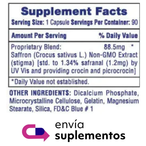 saffron-hi-tech-pharmaceuticals 90-capsulas frente-frasco promotes-positive-mood-well-being-no-gmo-usa
