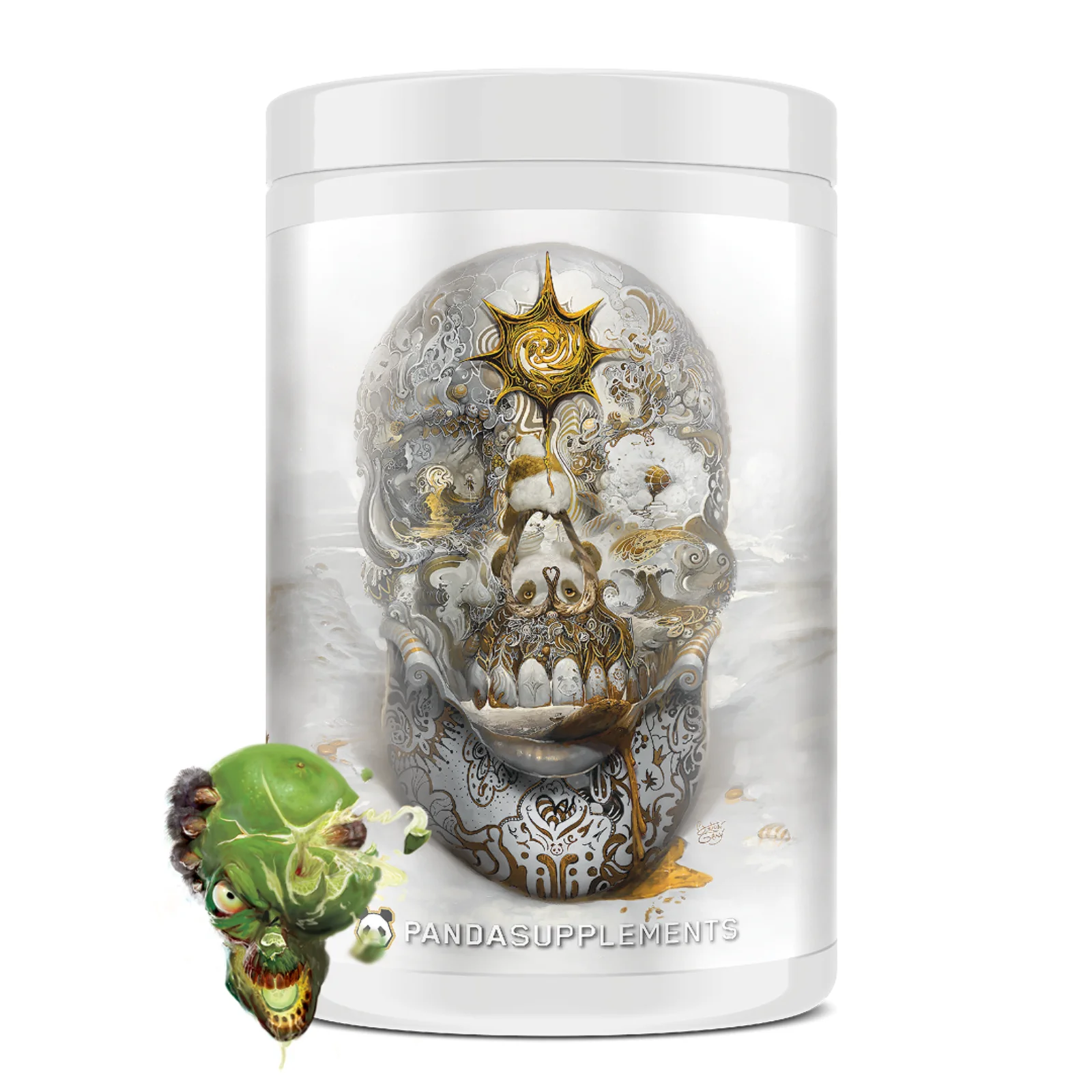 Skull Nootropic 40 Serv Panda Supps, envase blanco con calavera dorada