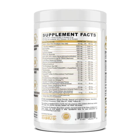 Información nutrimental con cafeína, citrulina, alpha GPC, DMAE y huperzina A