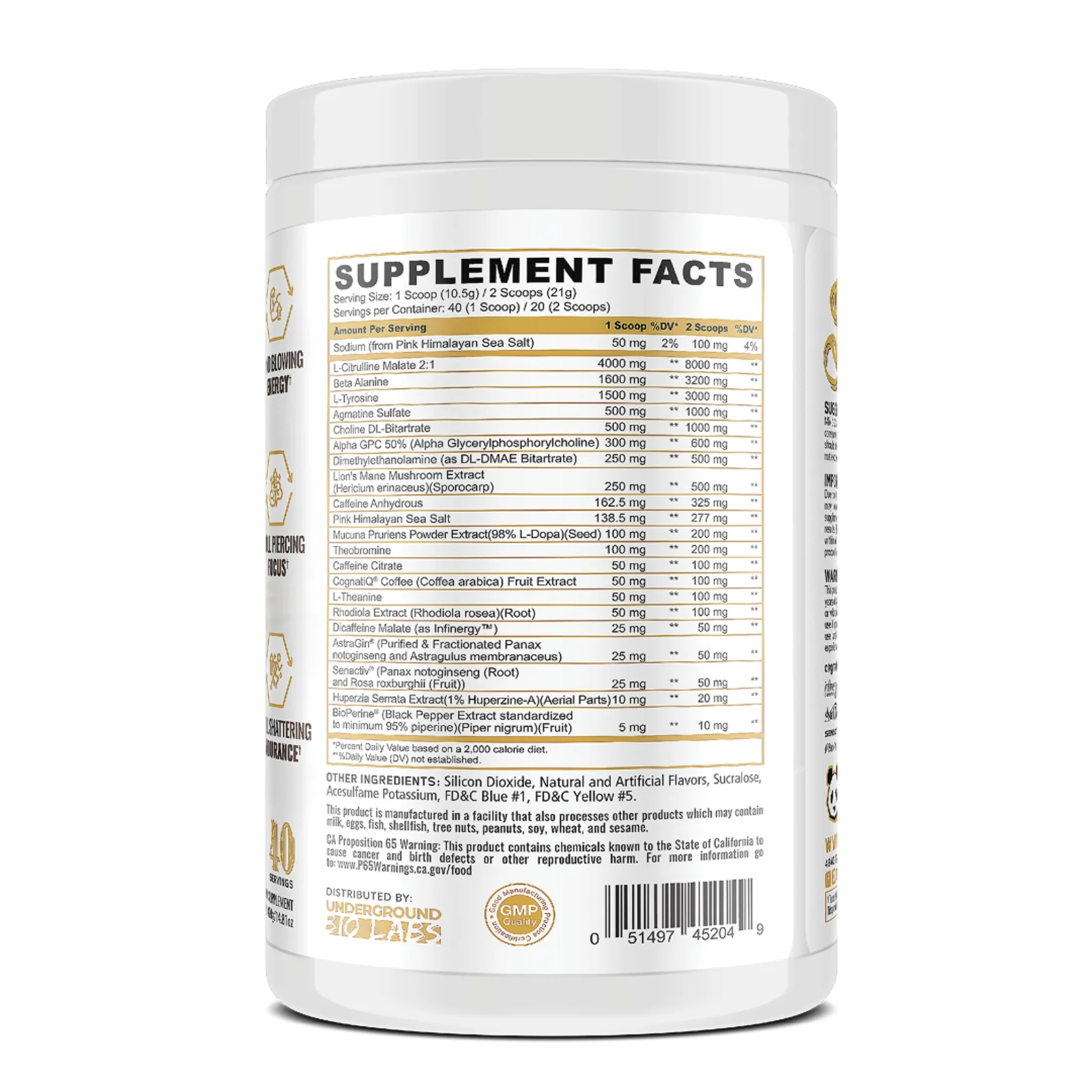Información nutrimental con cafeína, citrulina, alpha GPC, DMAE y huperzina A