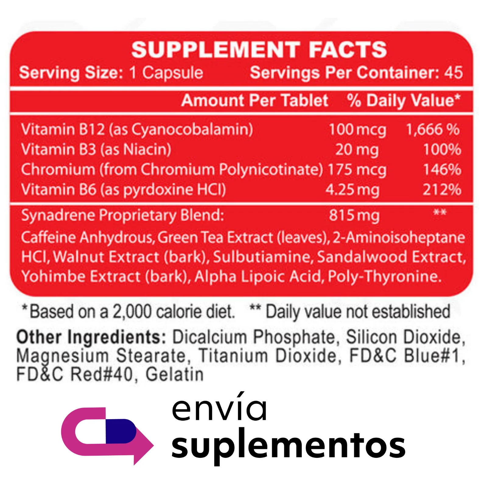 Composición de Synadrene 45 Caps Hi Tech, mezcla de 815 mg por cápsula